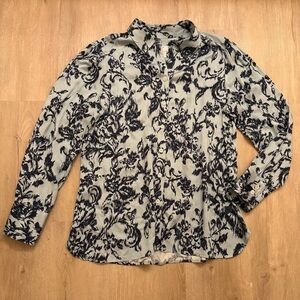 Chico's Light Blue and Navy Floral Collared Button Down Long Sleeves Blouse Sz 1